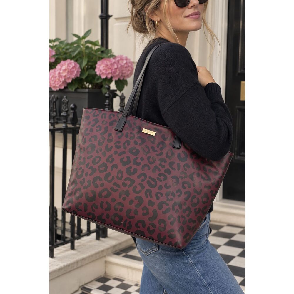 Kate Spade Shore Street Margareta Burgundy Black Leopard Print Large Tote Bag